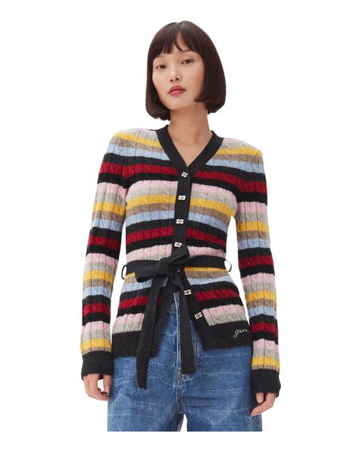 Ganni Multicolor Striped Cardigan With Belt