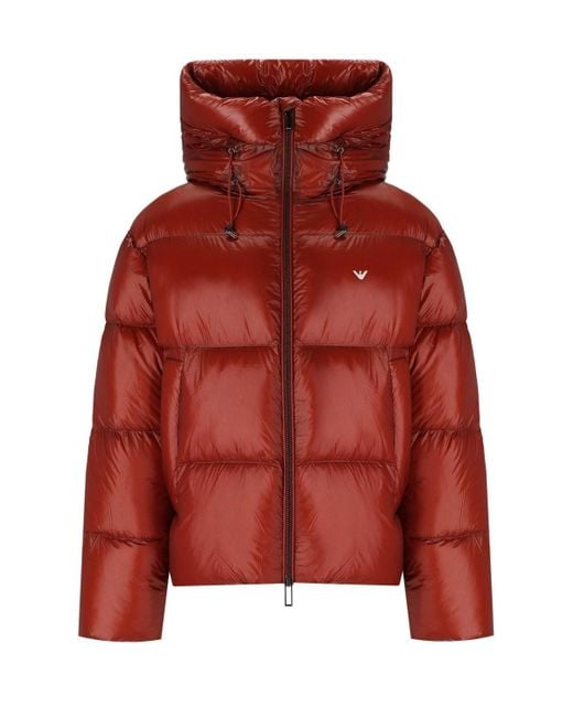 Emporio Armani Red Rust Hooded Down Jacket With Logo for men