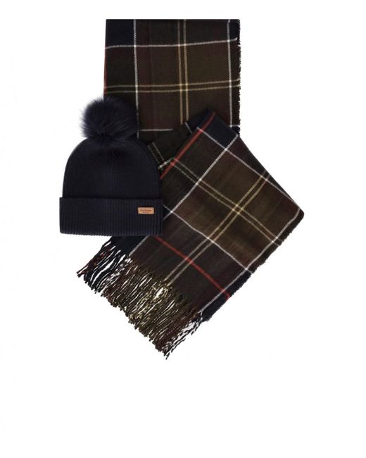 Barbour Black Dover/hailes Tartan Beanie+scarf Set