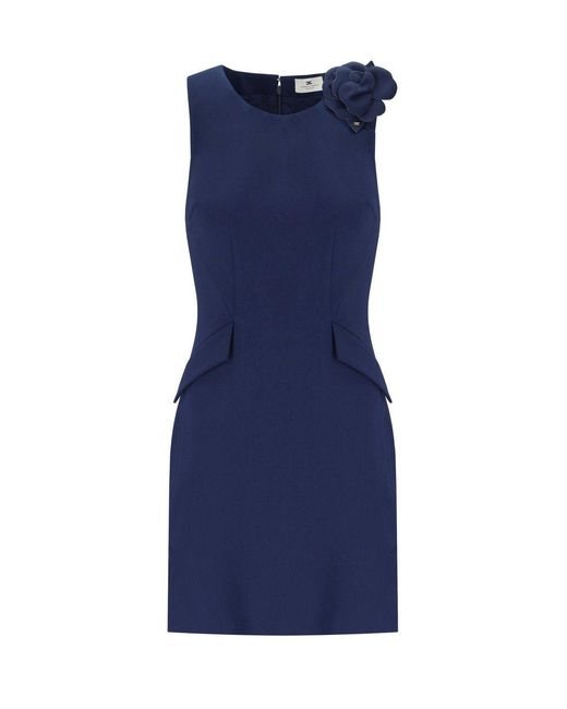 Elisabetta Franchi Blue Oltremare Sheath Dress With Brooch
