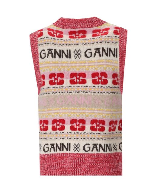 Ganni Red Striped Logo-intarsia Wool-blend Vest