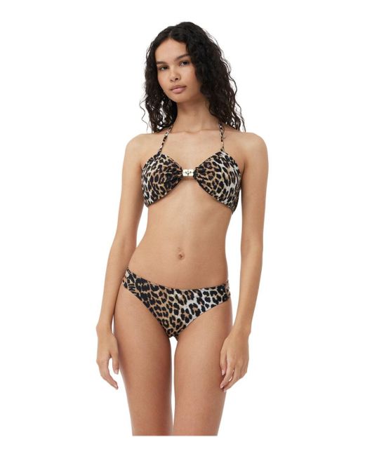 Ganni Black Leopard Print Cut-out Bikini Bottom