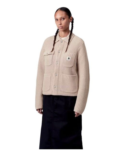 Carhartt Natural Ribbed Knit Cardigan With Shirt Collar And Front Pockets for men