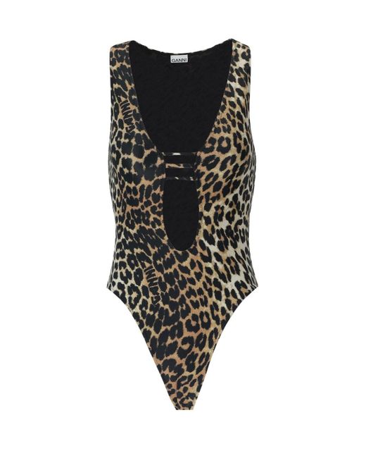 Ganni Black Leopard-print Cut-out Swimsuit