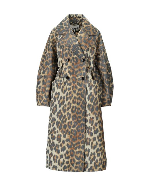 Ganni Natural Oversize Coat With Leopard Print