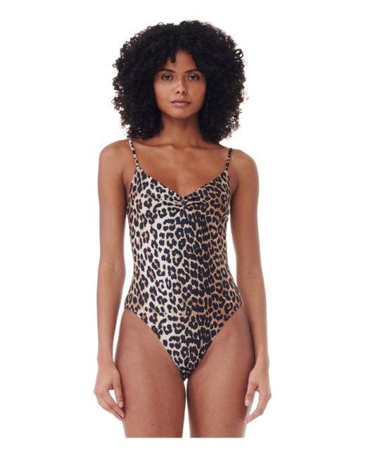 Ganni Brown Leopard-Print Swimsuit