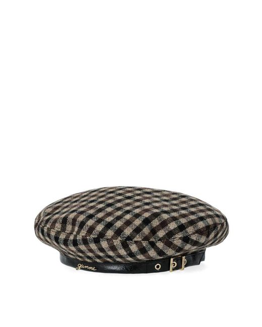 Ganni Black Coffee Check Beret