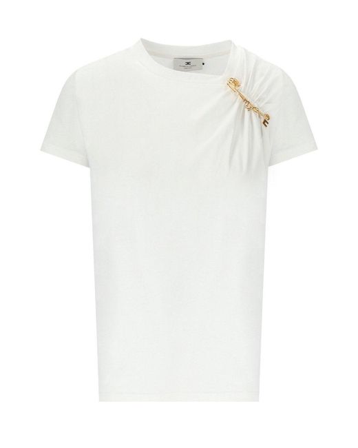 Elisabetta Franchi White T-Shirt With Brooch