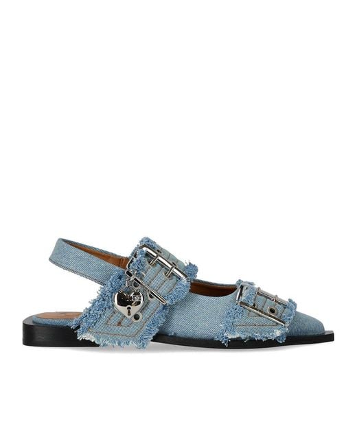 Ganni Blue Faded Denim Slingback Ballet Flat Shoe With Buckles