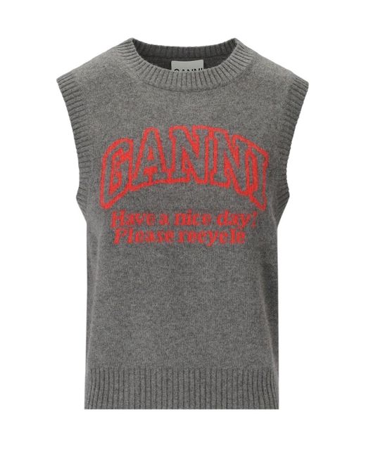 Ganni Gray Graphic Grey And Red Knitted Vest