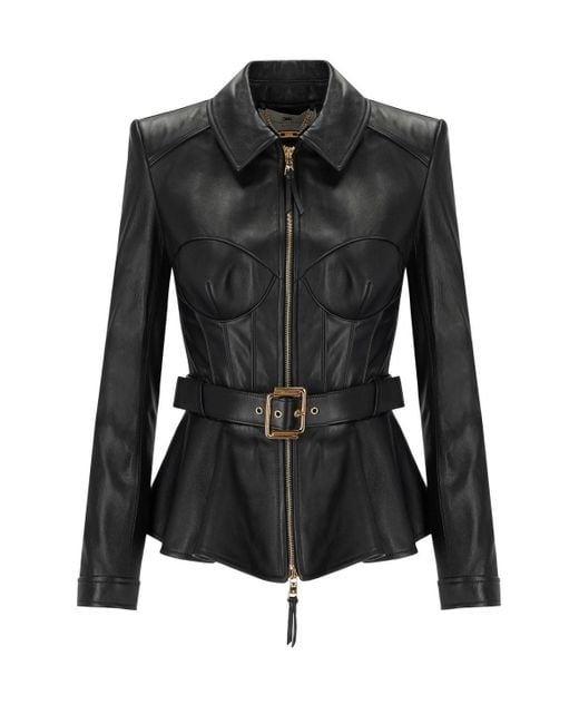 Elisabetta Franchi Leder Jas Met Riem in het Black