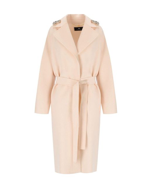 Elisabetta Franchi Natural Butter Coat With Brooches