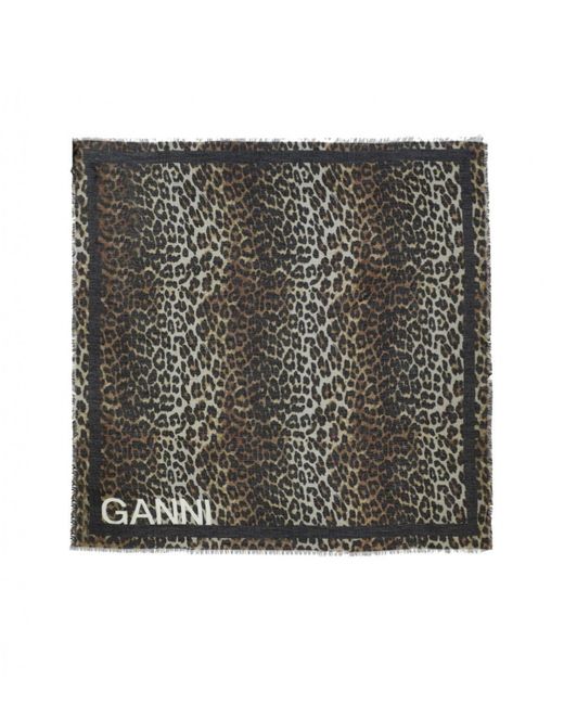 Ganni Black Leopard Print Foulard Scarf