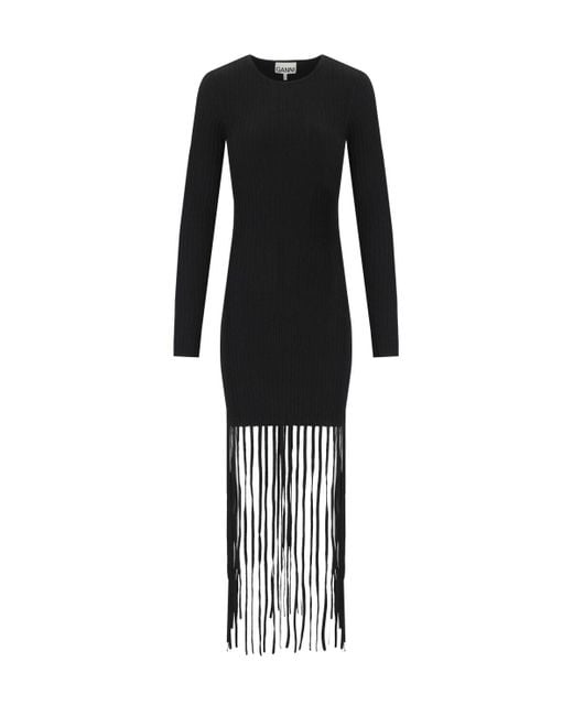 Ganni Black Fringed Ribbed-knit Minidress