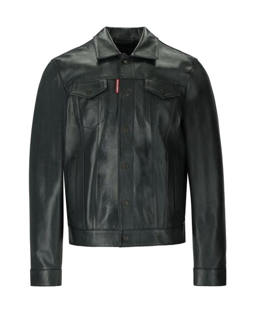 DSquared² Black Dan Jean Green Leather Jacket for men