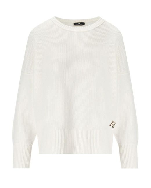 Elisabetta Franchi Ivory Crewneck Sweater in het White