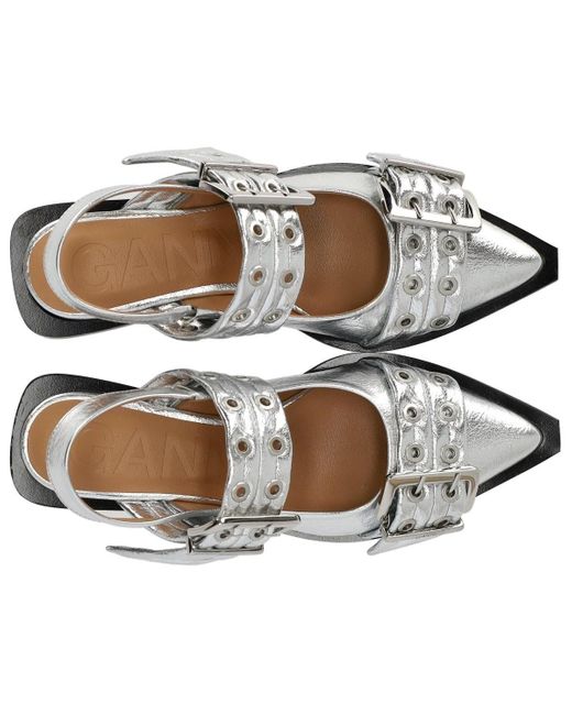 Ganni White Silver Slingback Ballet Flat Shoe With Buckles