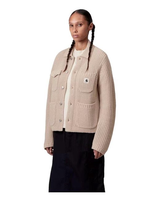 Carhartt Natural Ribbed Knit Cardigan With Shirt Collar And Front Pockets for men