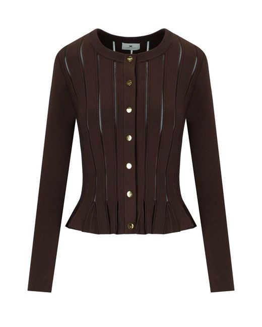 Elisabetta Franchi Black Peplum Hem Cardigan With Logo Buttons And Sheer Panels