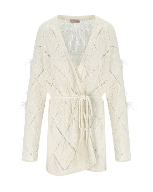 Twin Set White Cardigan With Feathers