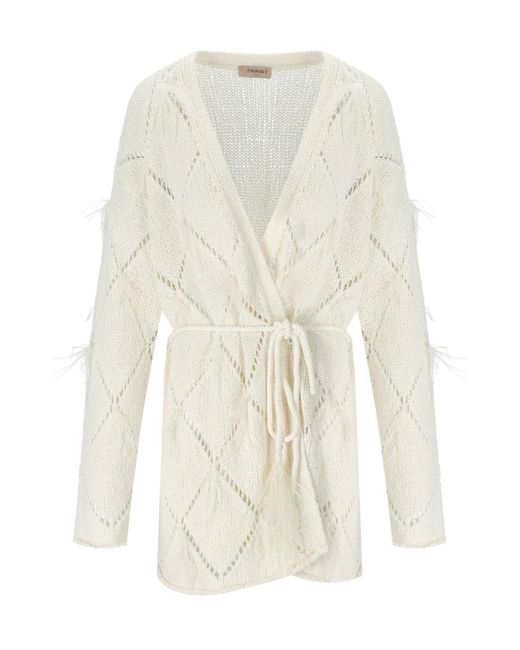 Twinset White Creme cardigan mit federn
