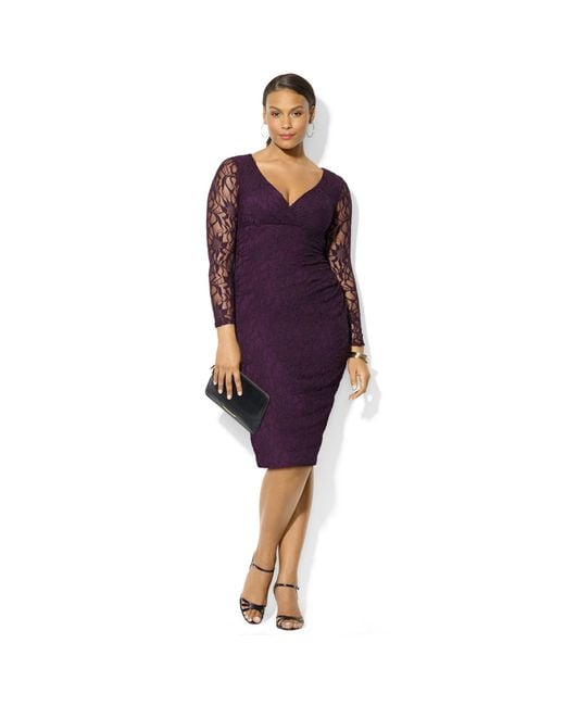 Lauren by Ralph Lauren Plus Size Long Sleeve Lace Surplice Dress in Purple  | Lyst