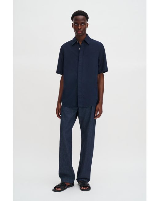 Filippa K Blue Cotton Linen Short Sleeve Shirt for men