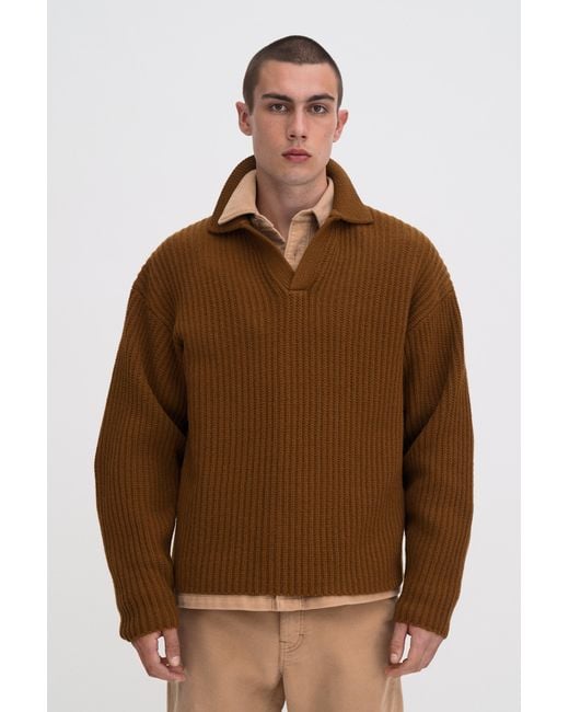 Filippa K Brown Chunky Ribbed Wool Polo for men