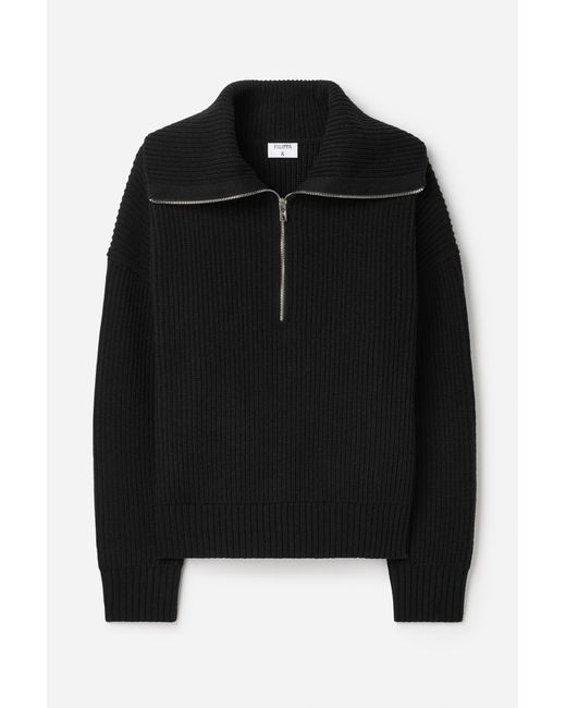 Filippa K Black Ribbed Wool Half Zip Sweater