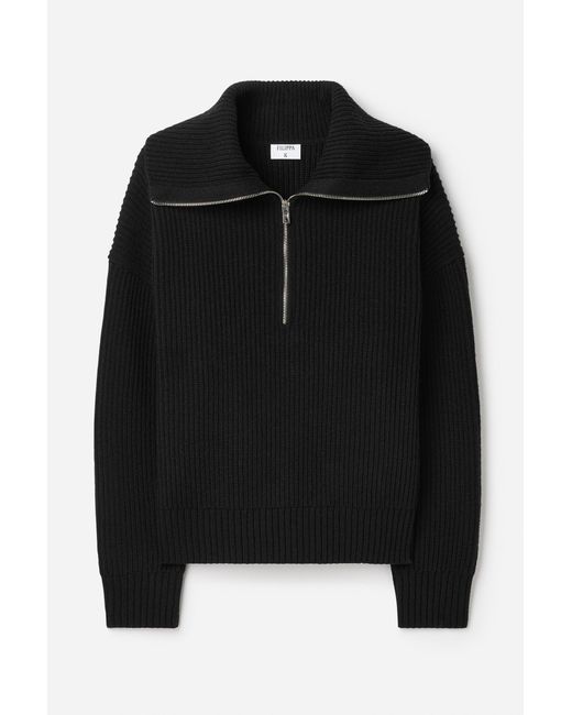 Filippa K Black Ribbed Wool Half Zip Sweater