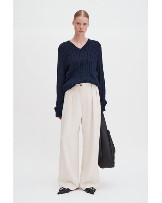 Filippa K Blue Braided Cotton V-Neck Sweater