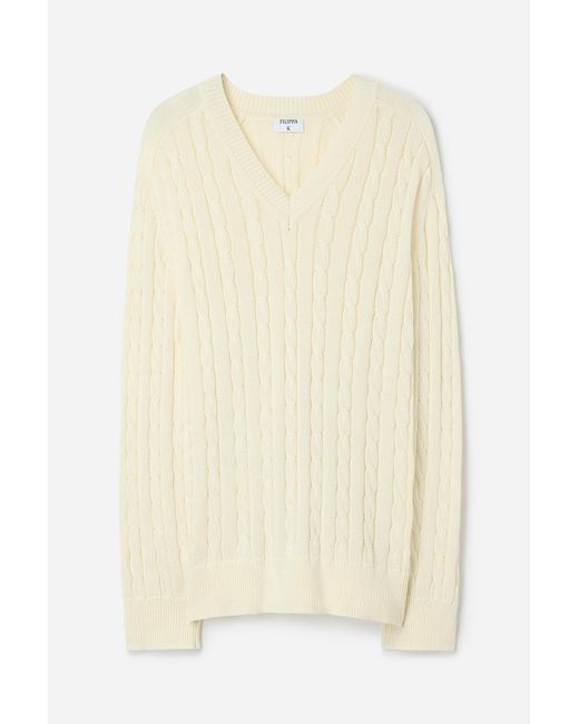 Filippa K White Braided Cotton V-Neck Sweater