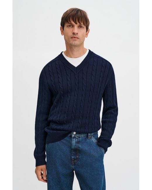Filippa K Blue Braided Cotton V-Neck Sweater for men