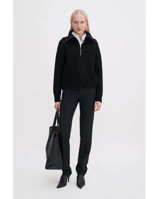 Filippa K Black Ribbed Wool Half Zip Sweater