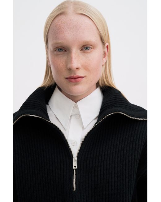 Filippa K Black Ribbed Wool Half Zip Sweater