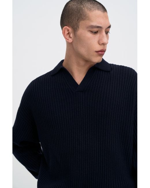 Filippa K Blue Ribbed Wool Polo Shirt for men