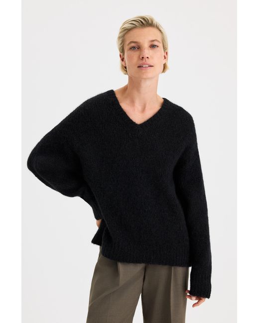 Filippa K Black Hairy Alpaca V-Neck Sweater