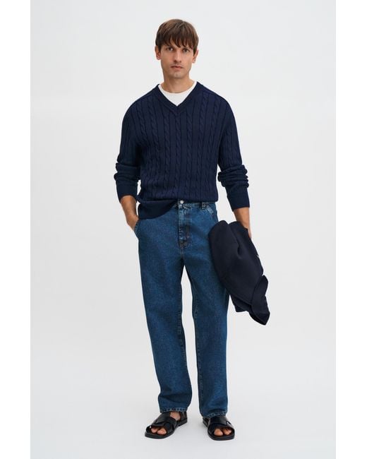 Filippa K Blue Braided Cotton V-Neck Sweater for men