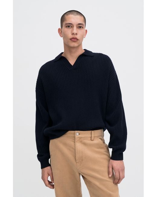 Filippa K Blue Ribbed Wool Polo Shirt for men