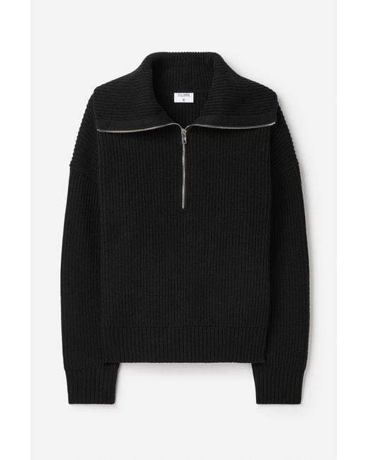 Filippa K Black Ribbed Wool Half Zip Sweater