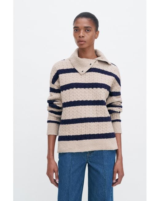 Filippa K Blue Striped Shawl Collar Sweater