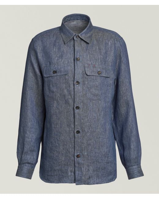 Isaia Blue Linen Dobby Overshirt for men
