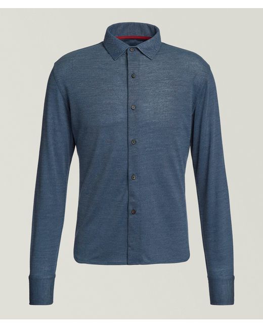 Isaia Blue Wool Dobby Shirt for men