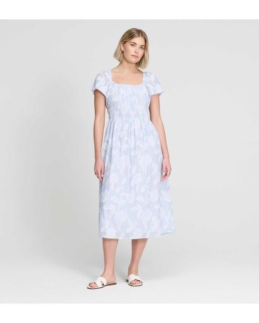 Finery London White Maia Jacquard Stripe Shirred Waist Midi Dress