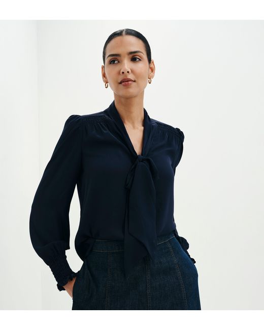 Finery London Blue Mavis Pussy Bow Button-Through Blouse