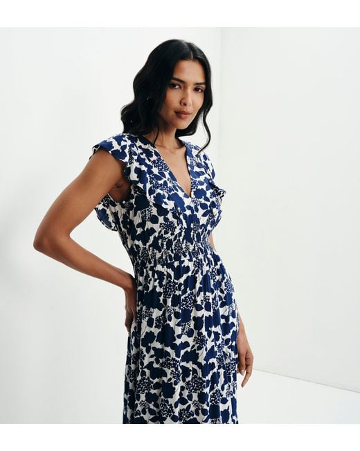 Finery London Blue Mattie Frill Sleeve Empire Waist Tiered Midi Dress