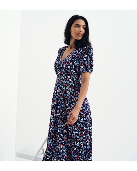Finery London Blue Robyn Button Through V-Neck Midi Dress
