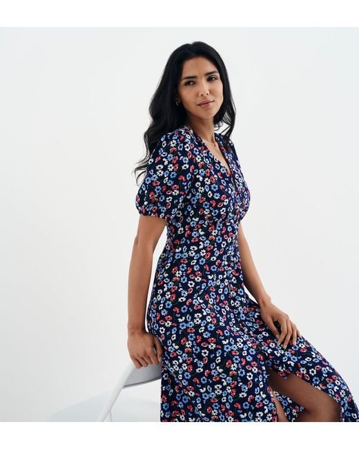 Finery London Blue Robyn Button Through V-Neck Midi Dress