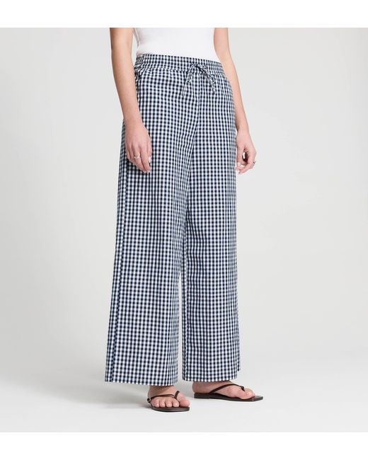Finery London Blue Dixie Cotton Gingham Wide Leg Drawstring Trousers