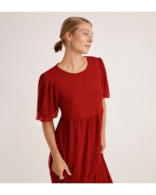 Finery London Red Yasmine Mesh Midi Tea Dress